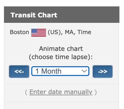 The AstroSeek transit chart panel, with a one-month time-lapse selector for animating the chart forward and back