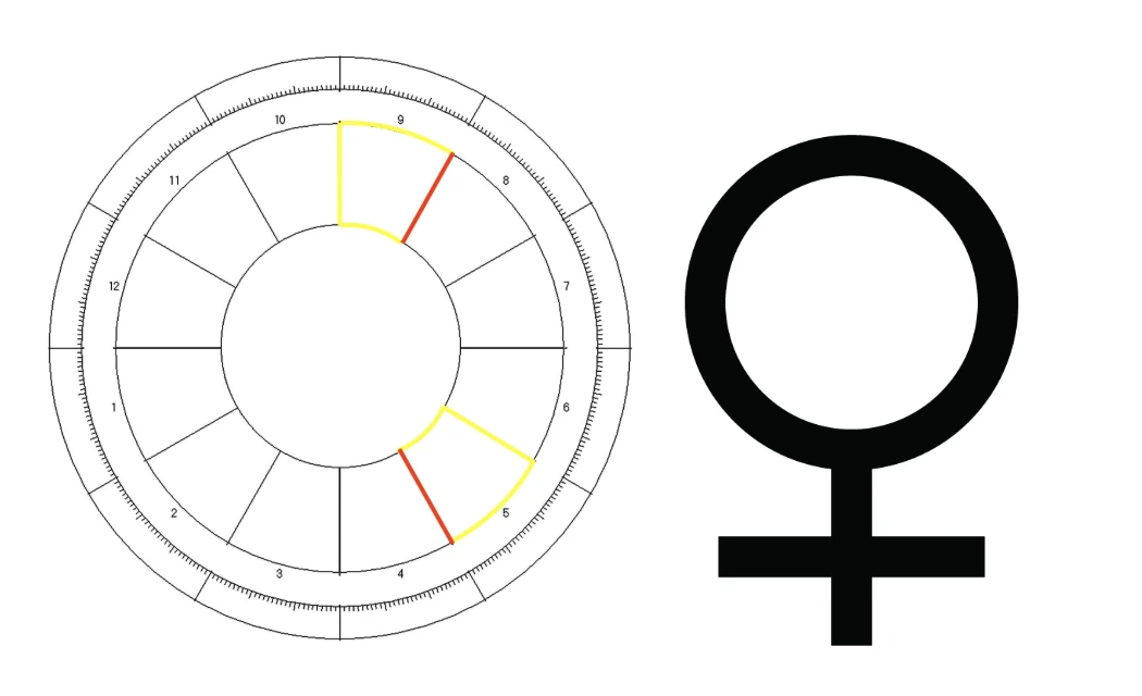 A blank chart wheel with the 5th and 9th houses highlighted in yellow, beside the symbol for Venus